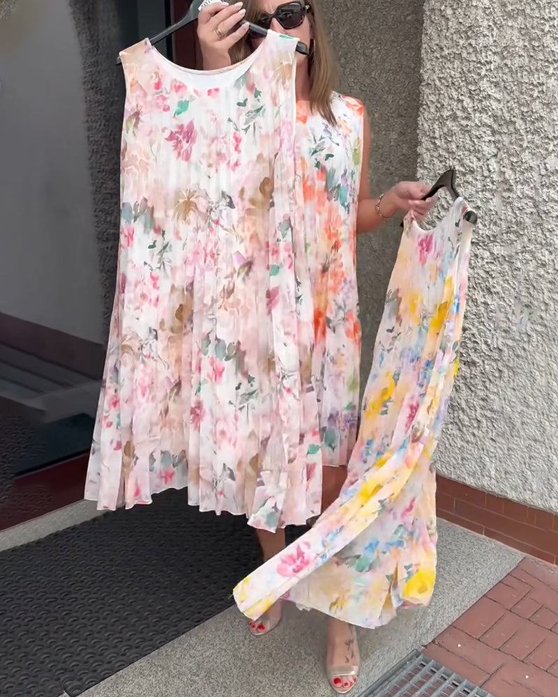 Klänning Ärmlös Plisserad Blommig