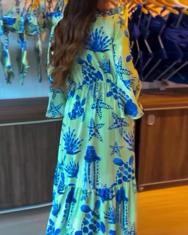 Semester Printad Badklädsel med Vippade Ärmar