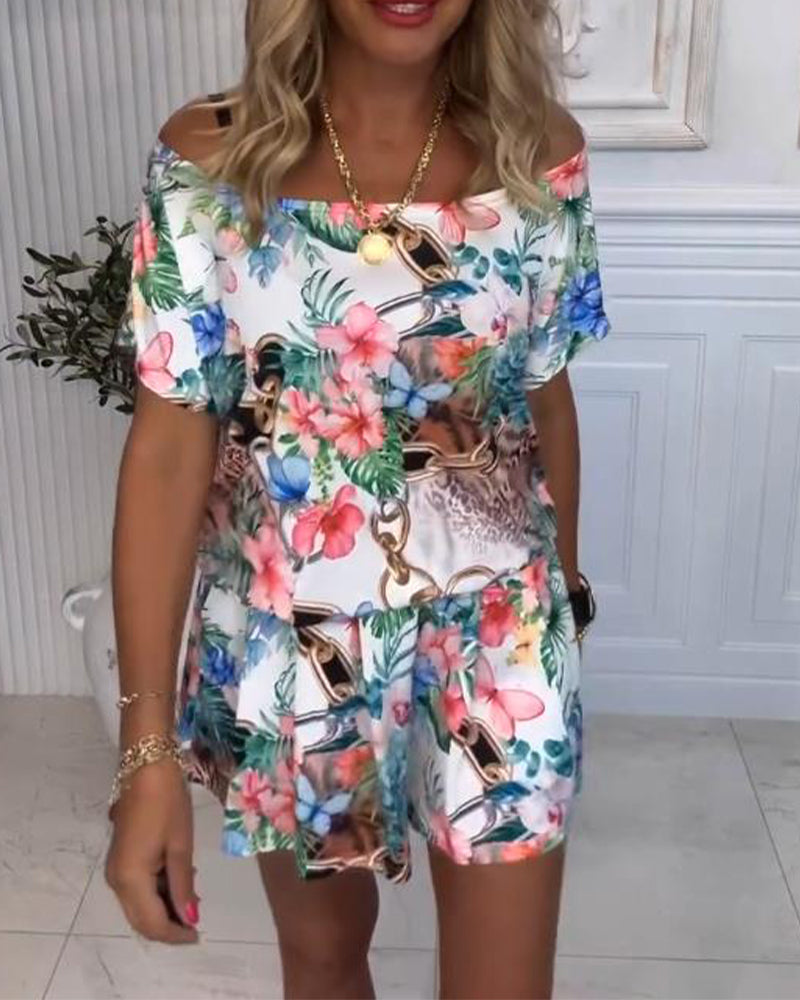Jumpsuit Med Växt och Blom Mönster, Off - the - Shoulder Stil
