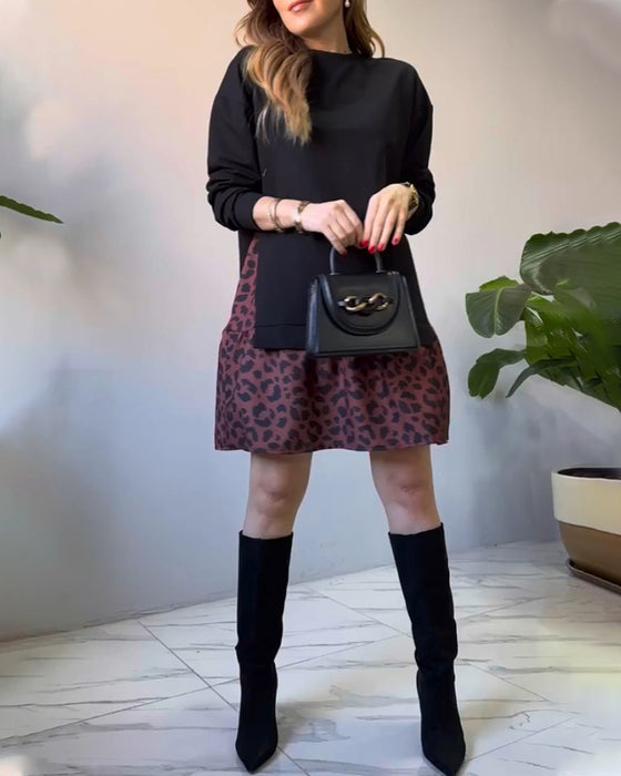 Patchwork ledig klänning i leopardmönstret