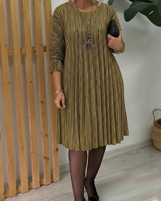 Klänning Rund Halsringning Glimmande Plisserad Mode