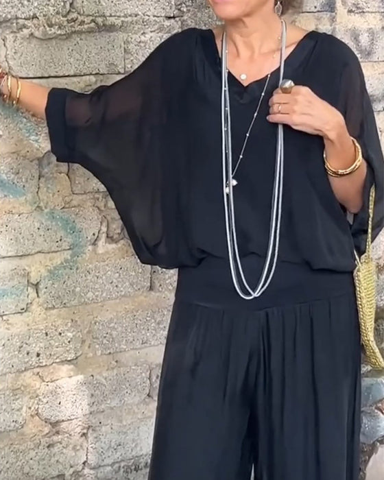 Enfärgad V-ringad casual tvådelad kostym