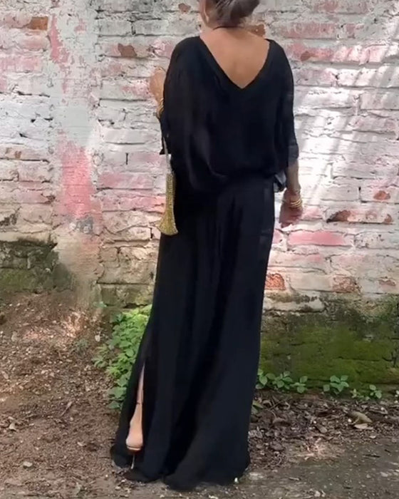 Enfärgad V-ringad casual tvådelad kostym