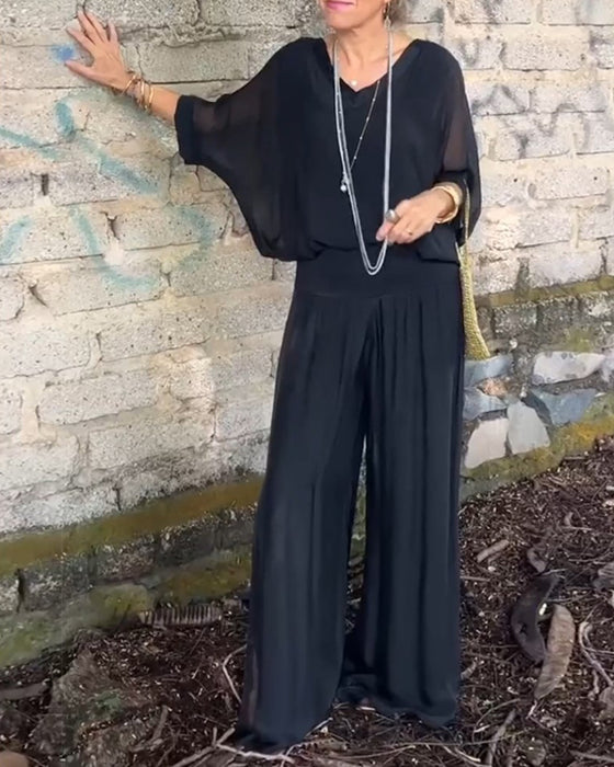 Enfärgad V-ringad casual tvådelad kostym