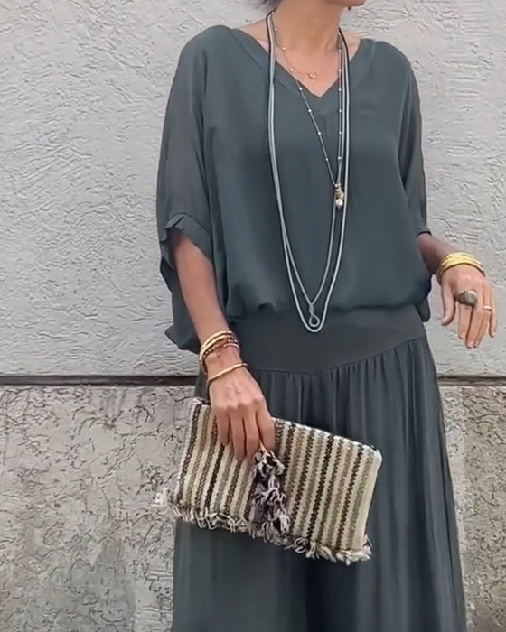 Enfärgad V-ringad casual tvådelad kostym