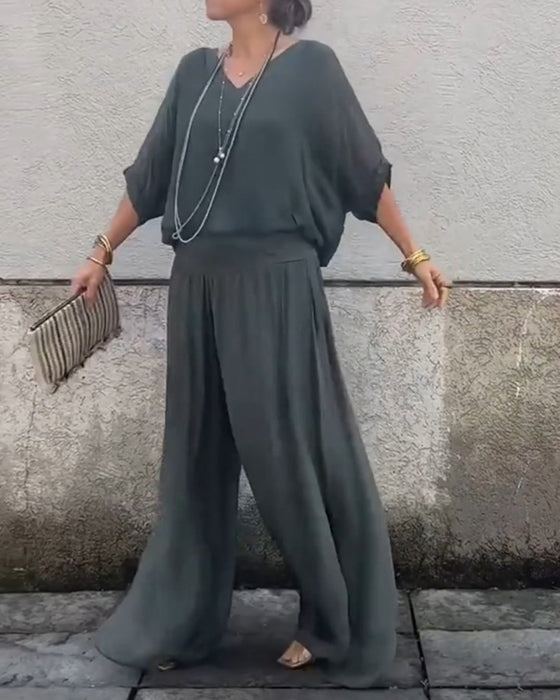 Enfärgad V-ringad casual tvådelad kostym
