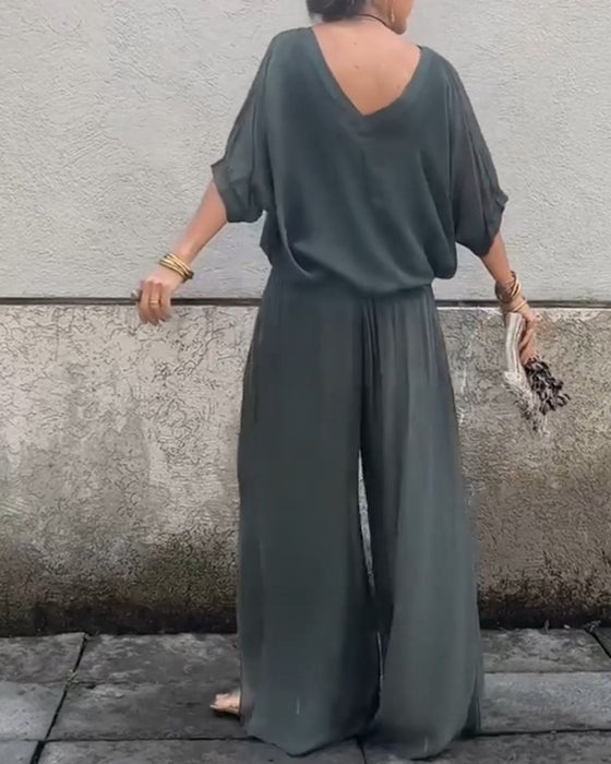 Enfärgad V-ringad casual tvådelad kostym