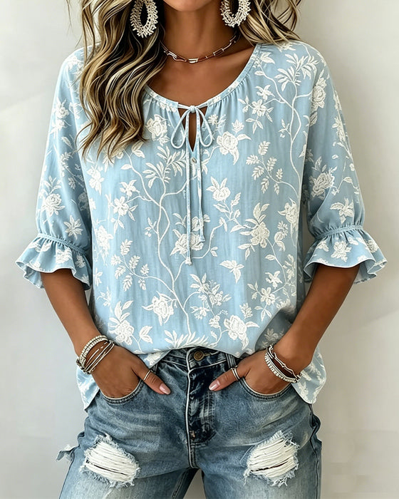 Blus Knytning Ruffle Tryck