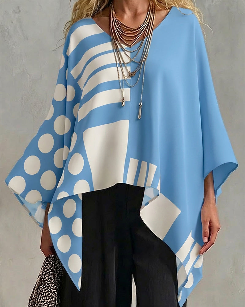 Blouse Polka Dot Rand Patchwork V Ringning
