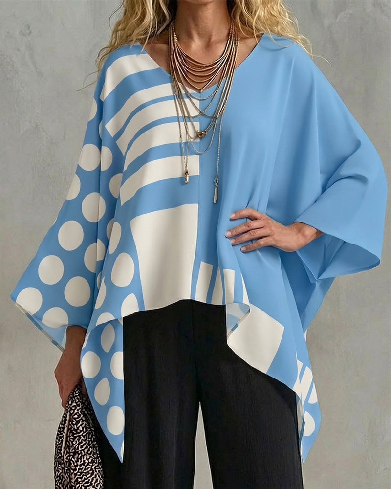 Blouse Polka Dot Rand Patchwork V Ringning