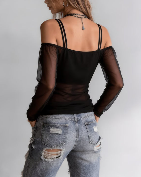 T-Shirt Spagettiband Off-Shoulder Sheer
