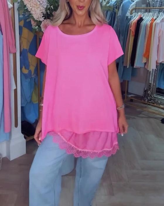 T-shirt Spets Sammansatt Kort Ärm