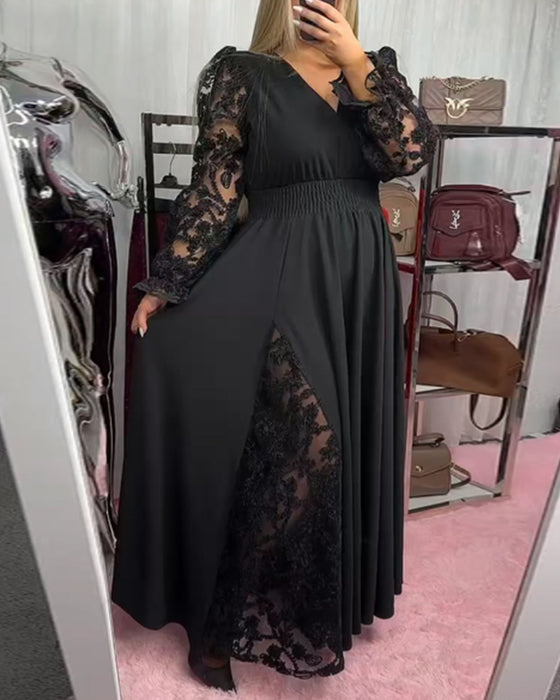 Klänning Spets Sticksöm V-Ringning A-Hem