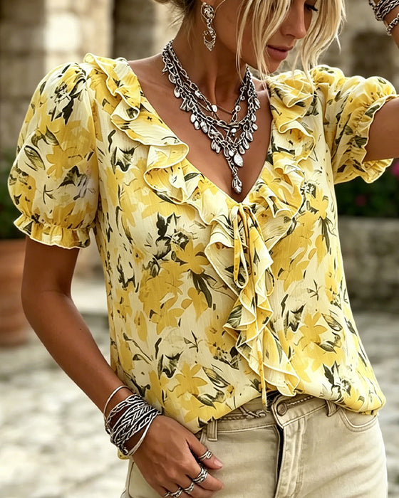 Blus V-Hals Ruffle Bubbel Ärm