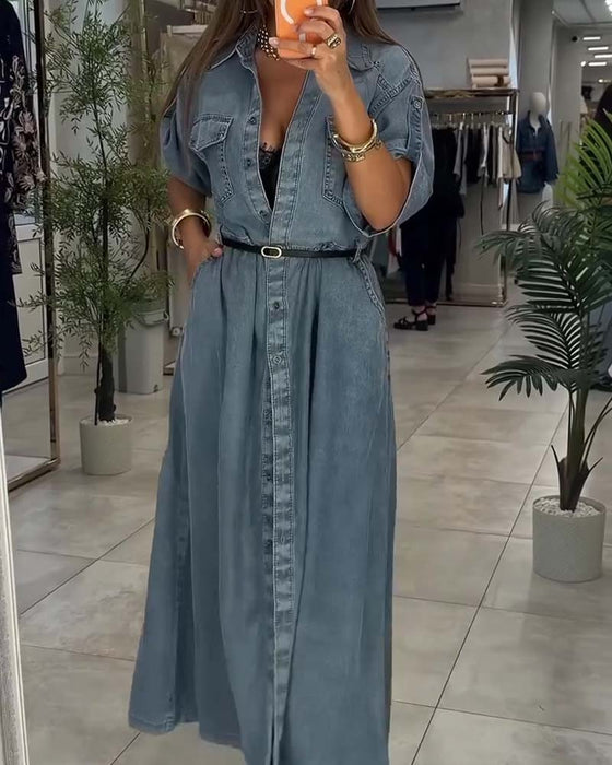 Klänning Skjorta Krage Ficka Knapp Denim
