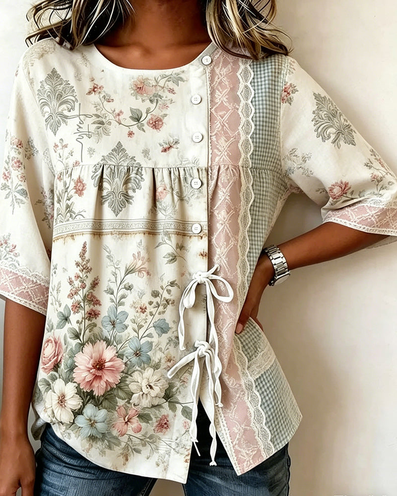 Blus Retro Blommönster Avslappnad