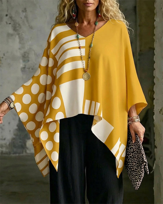 Blouse Polka Dot Rand Patchwork V Ringning