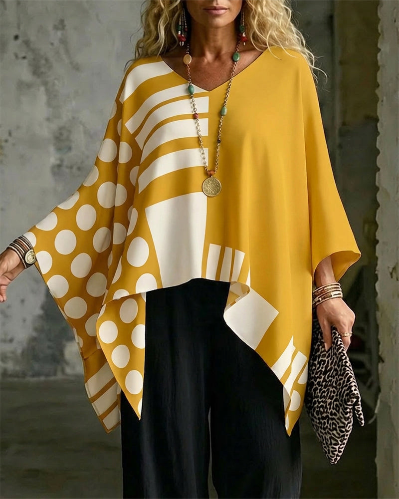 Blouse Polka Dot Rand Patchwork V Ringning