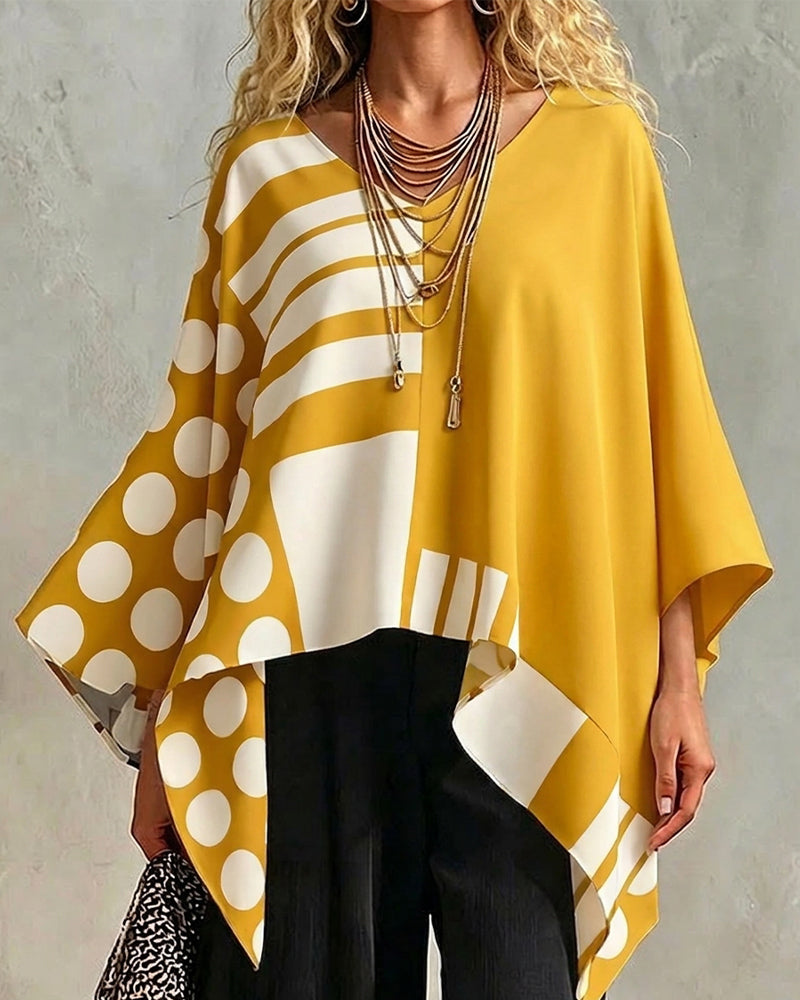 Blouse Polka Dot Rand Patchwork V Ringning