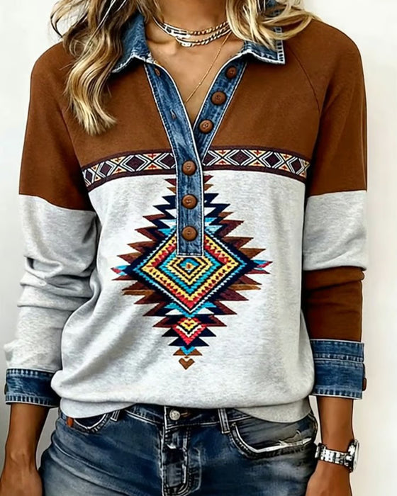 Tryckt Färgblockad Sweatshirt Med Knappkrage