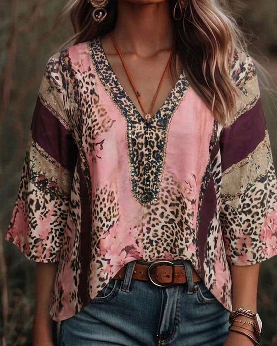 Blus V-Hals Leopard Färgblock