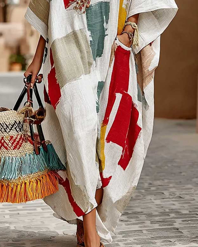 Klänning Färgglad Geometrisk Färgblock Lös Lång Klänning