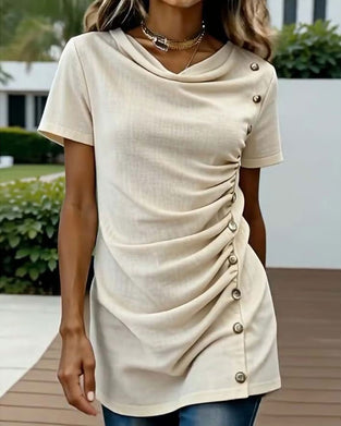 Blus Slim Passform Drapedad Hals Kort Ärm