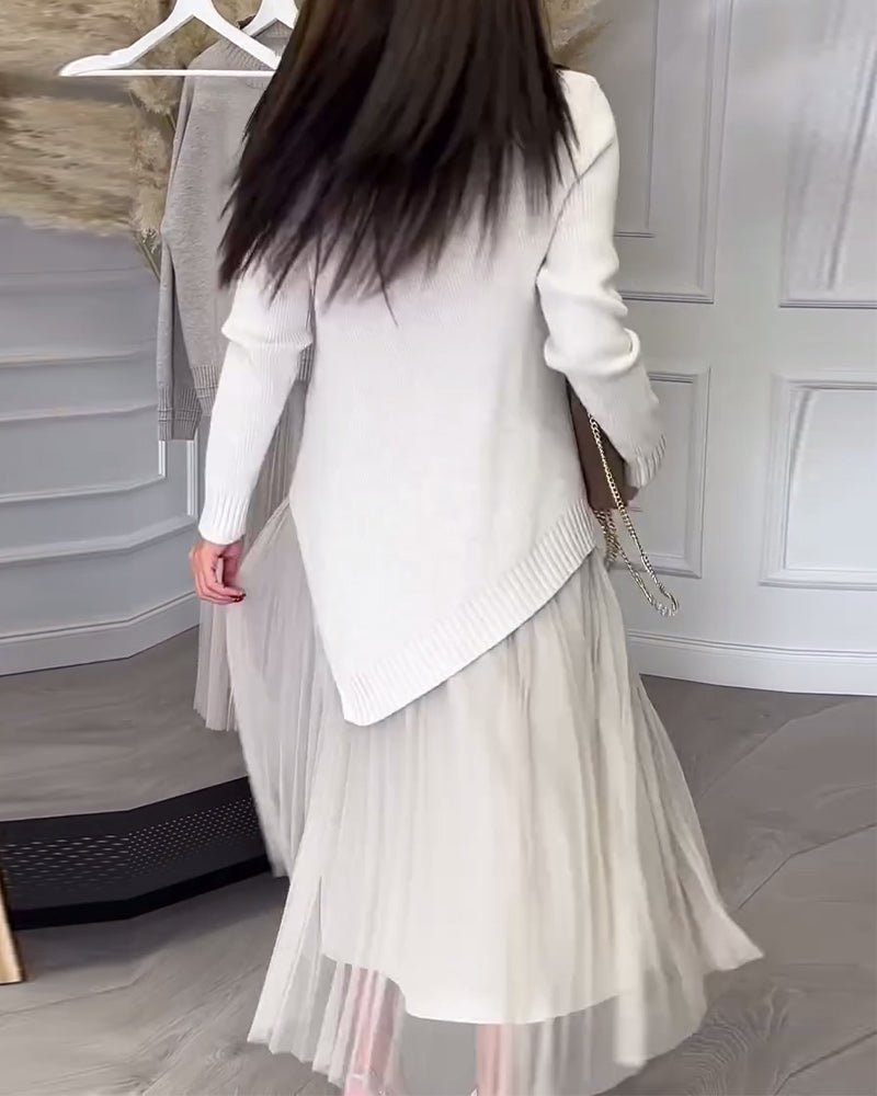 Tvådelat Set Med Pullover Och Kjol I Rund Halsringning Och Oregelbunden Design