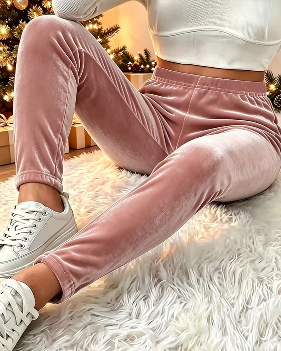 Byxa Sammet Jogger Casual Enfärgad Lång