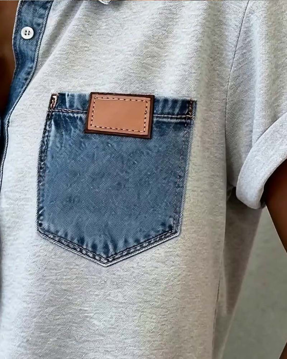 T-Shirt Denim Patchwork Nedfällbar Krage