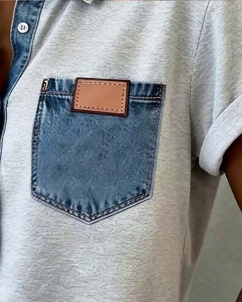 T-Shirt Denim Patchwork Nedfällbar Krage