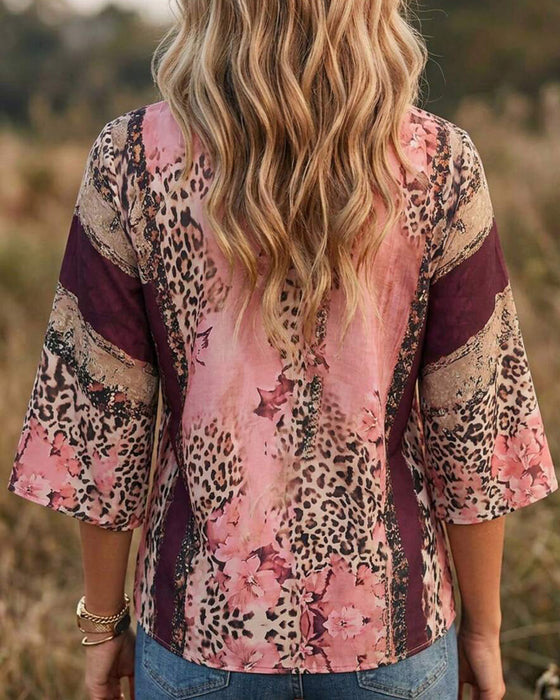 Blus V-Hals Leopard Färgblock
