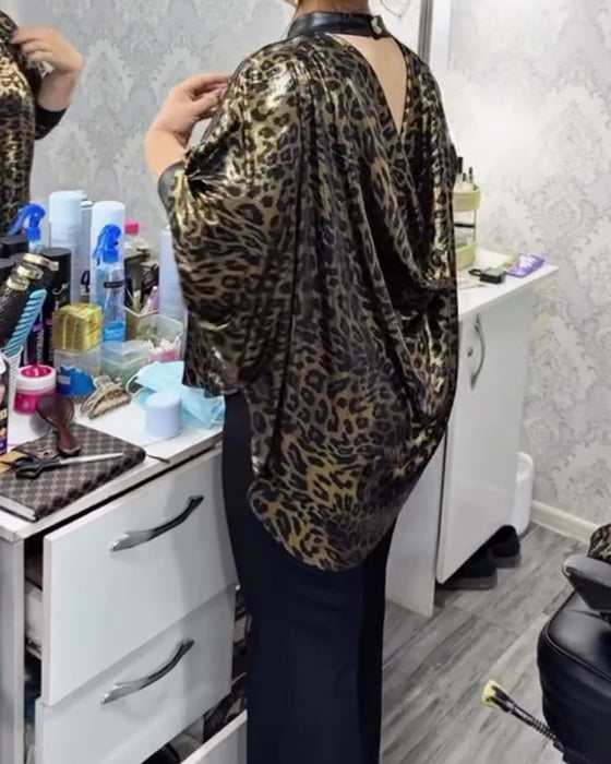 Blus Stilfull Löst Sittande Leopardtryck Crewringning