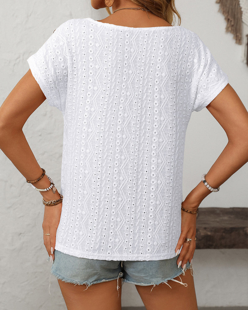 Blus Rund Hals Knapp Urtag Kort Ärme