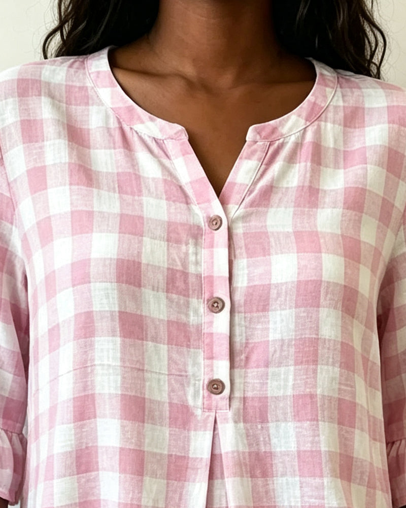 Blus V-Hals Knapp Fram Rutig Ruffle