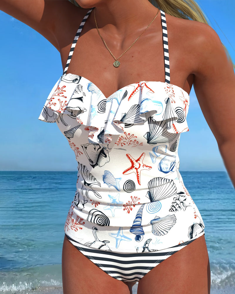 Ett Stycke Baddräkt Volang Randigt Tryck