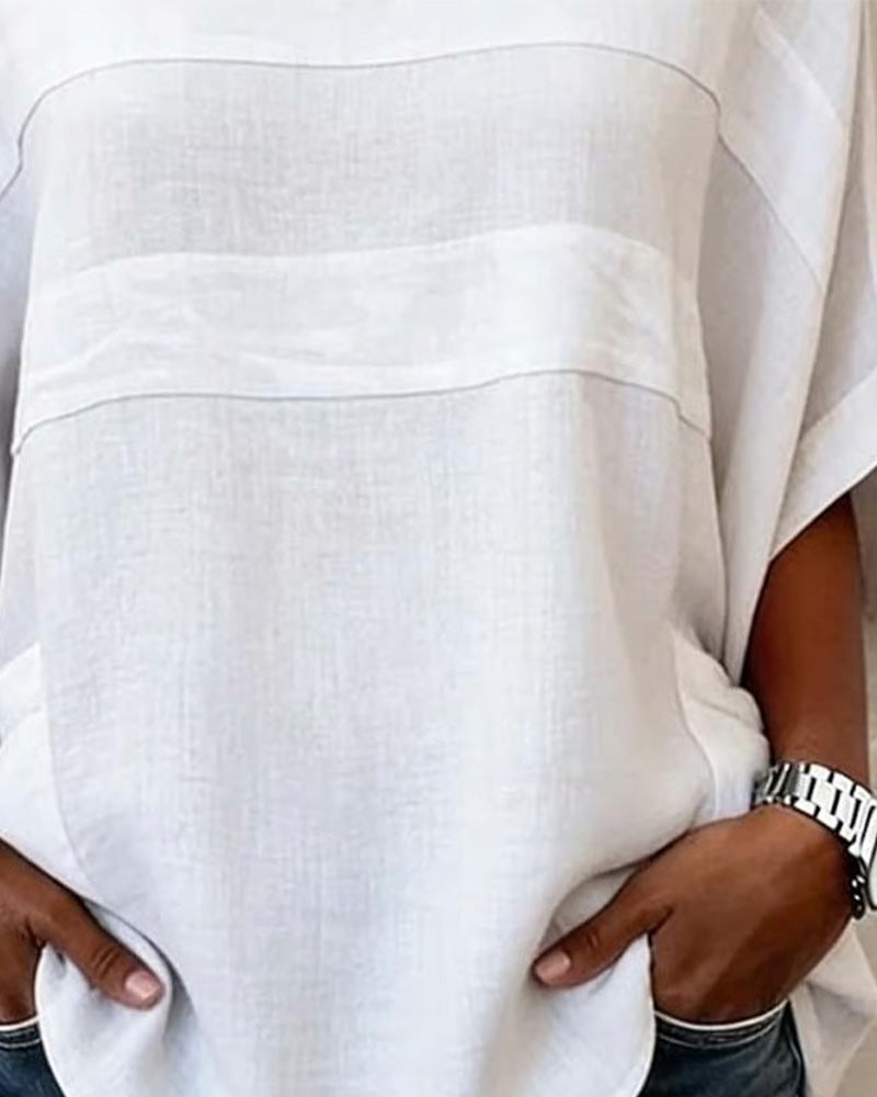 Blus Fladdermusärm Loose-Fit Bomull Och Linne Rundhalsad