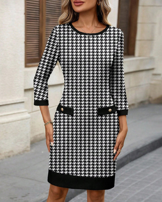 Klänning Dam Crewneck Hundtand Bodycon Midi
