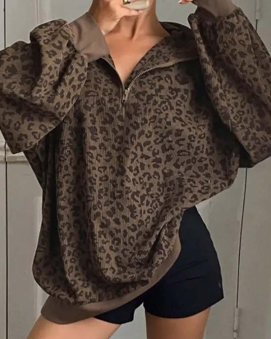 Sweatshirt Dragkedja Leopard Casual