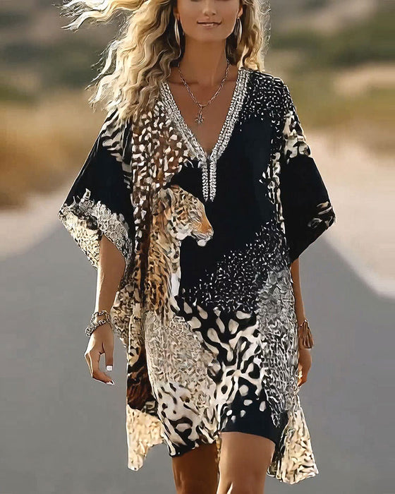 Klädning V-Hals Leopard Färgblock