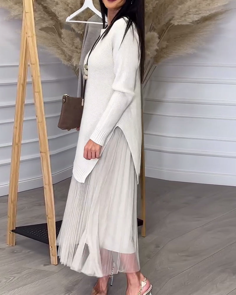 Tvådelat Set Med Pullover Och Kjol I Rund Halsringning Och Oregelbunden Design