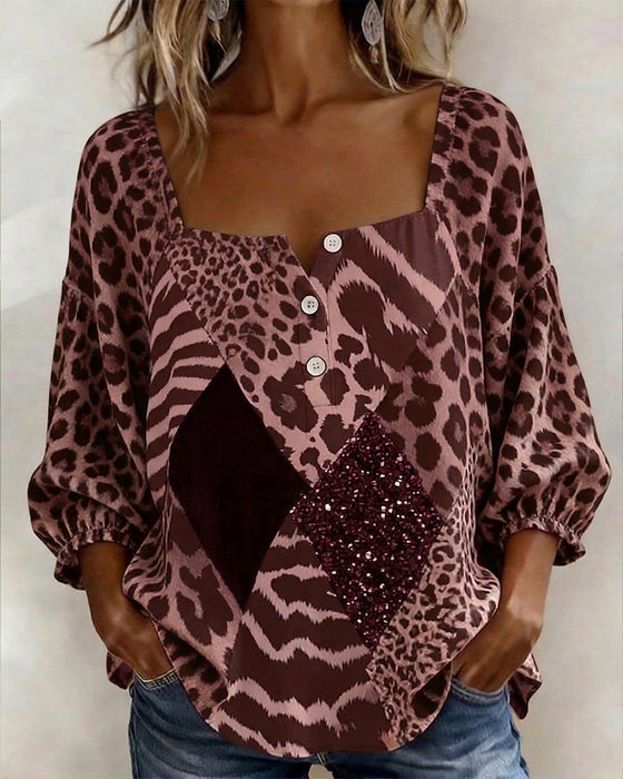Blus Fyrkantig Hals Leopardtryck Lapptäcke Paljett