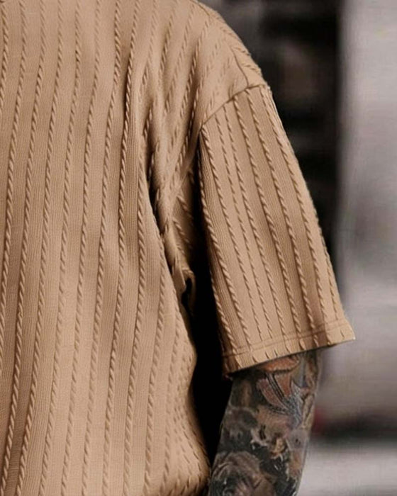 Herres Stripad T-Shirt Och Shorts Tvådelig Set Med Crew-Årning