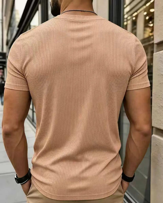 T-Shirt V-Hals Räfflad Solid Färg Herr