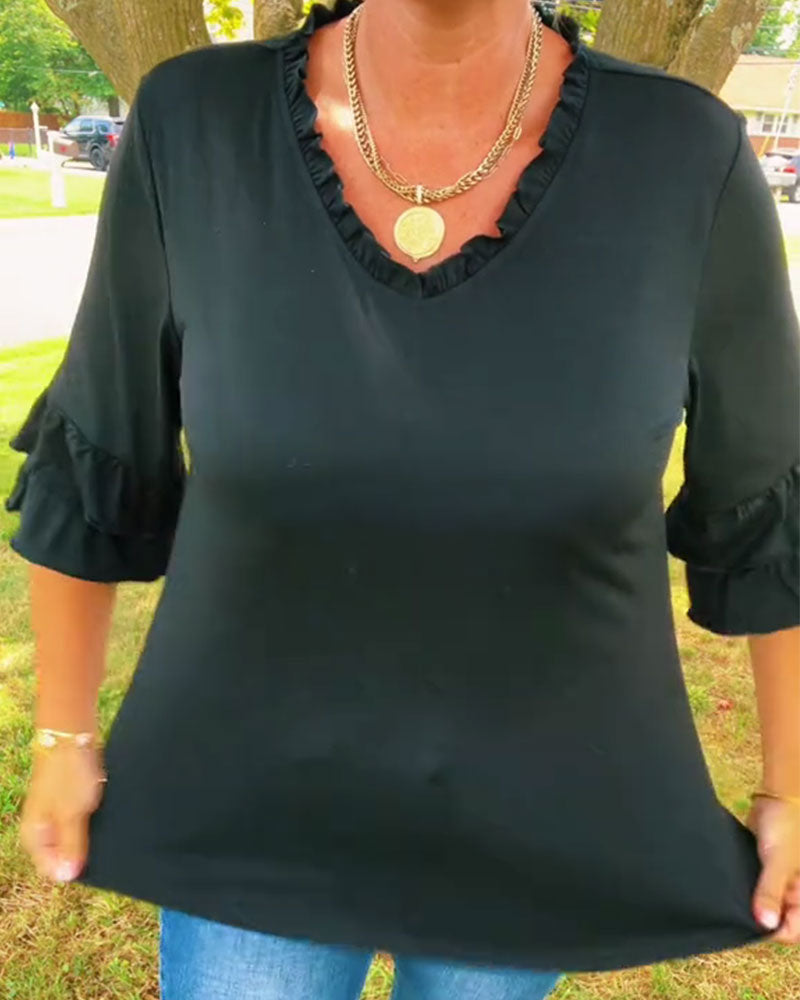 Topp Rynkad V-Hals Trekvart Ärm