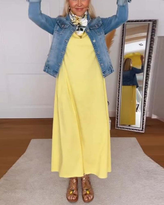 Klänning Casual Rund Halsringning Enfärgad Rät