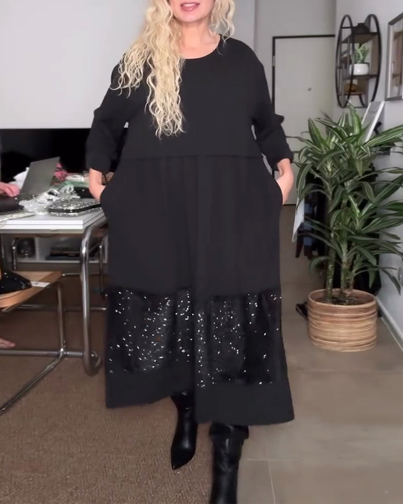 Klänning Rund Halsringning Paillett Lappverk Lössittande