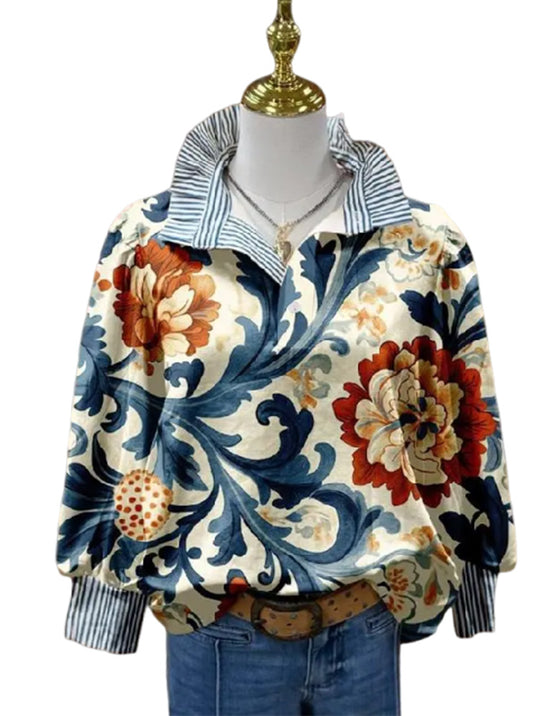 Vintage Blommig Lapptäcke Rand Krage Blus