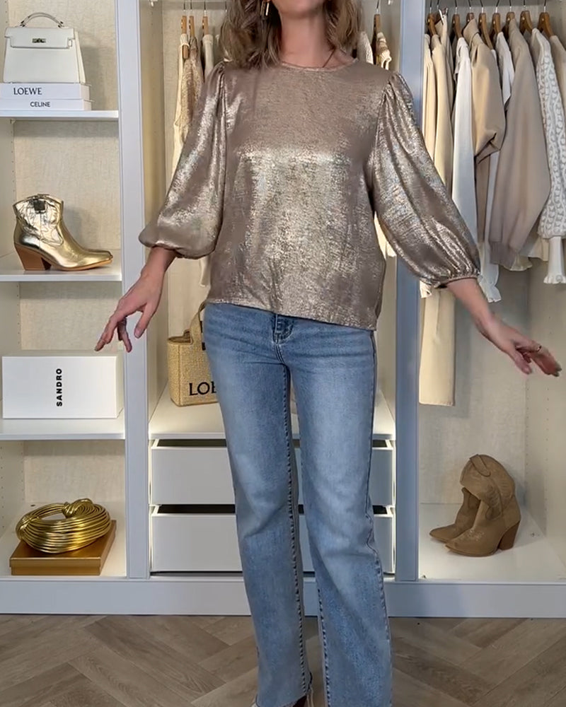 Mässing Blus Med Puffärmar Och Rund Halsring