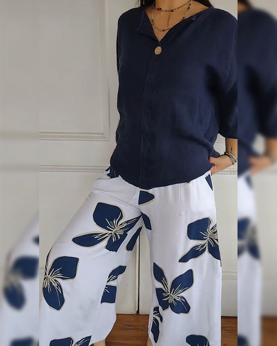Set Rund Hals Casual Tryckta Byxor